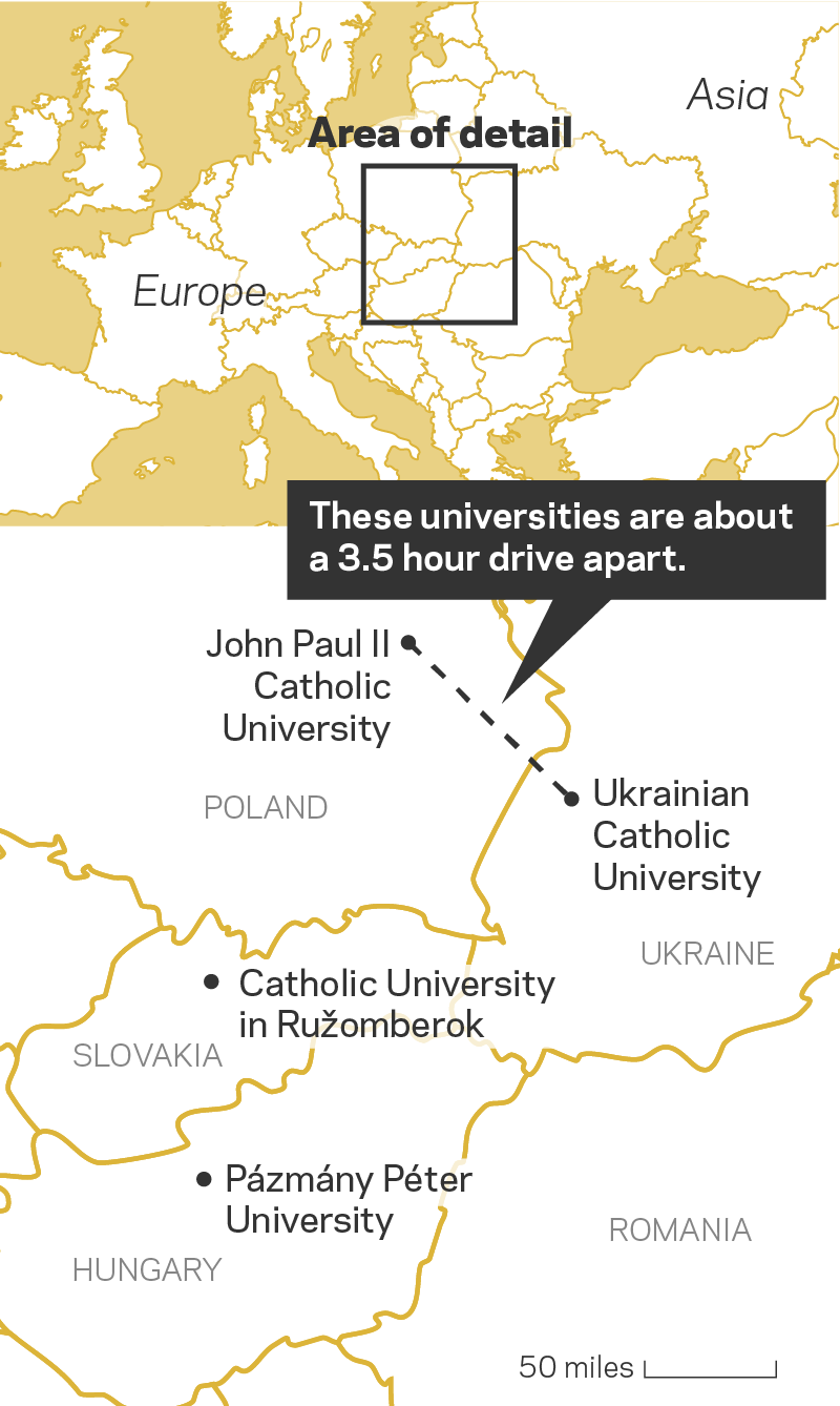 Map identifying the first four Eastern European Catholic universities McAdams established relationships with.