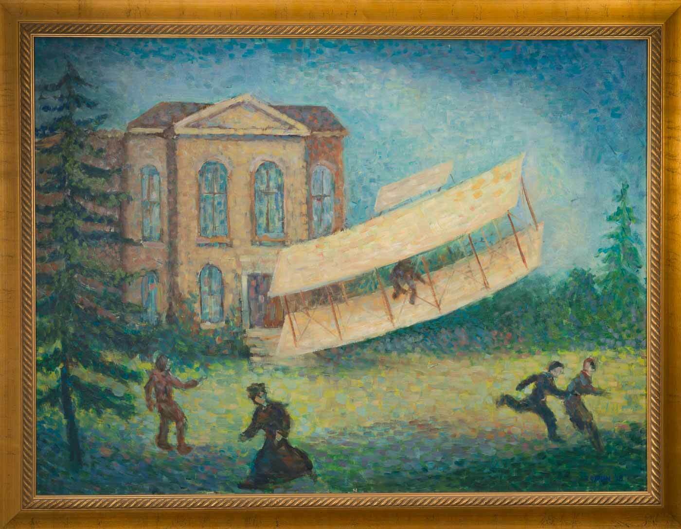 A painting of an glider plane flying in front of a building with people runny away from it.