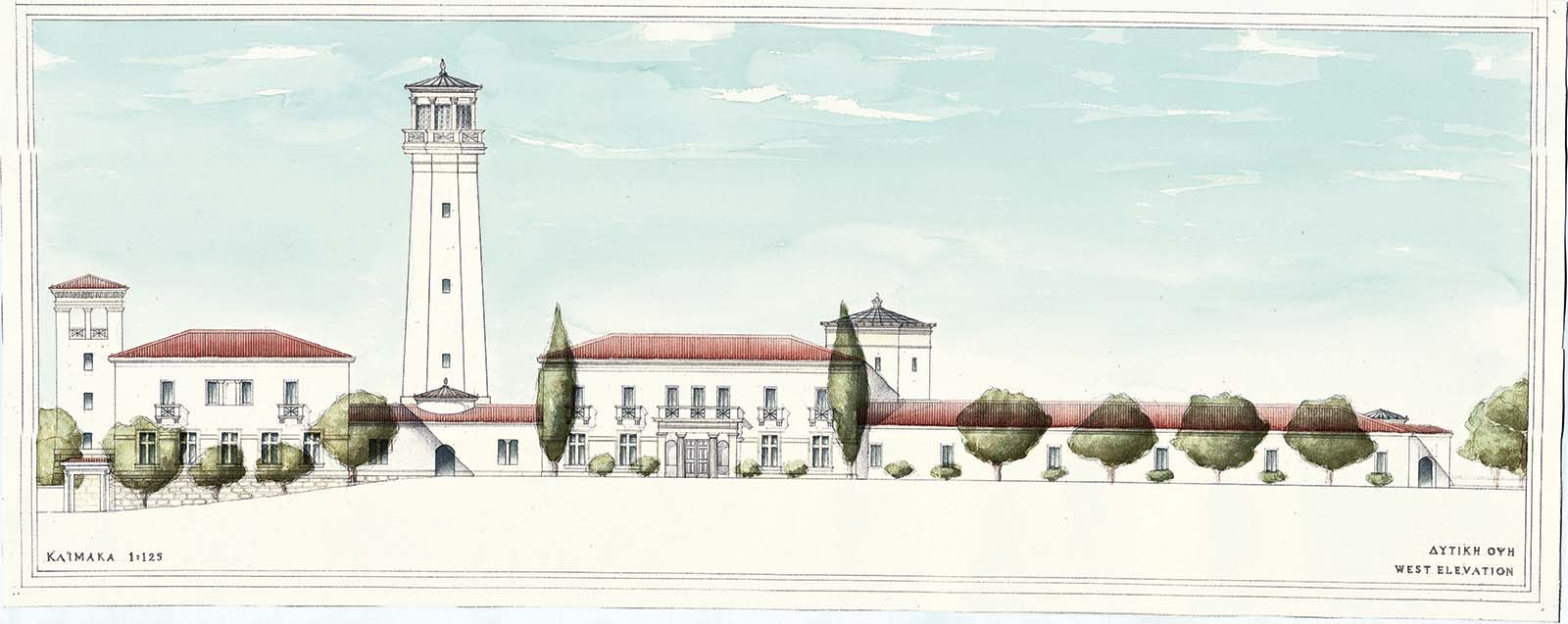 Architectural sketch of building with a bell tower.