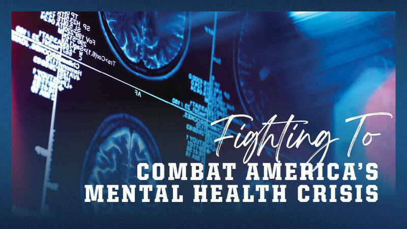 Brain scans in the background of a title slide named Fighting to combat america's health crisis.