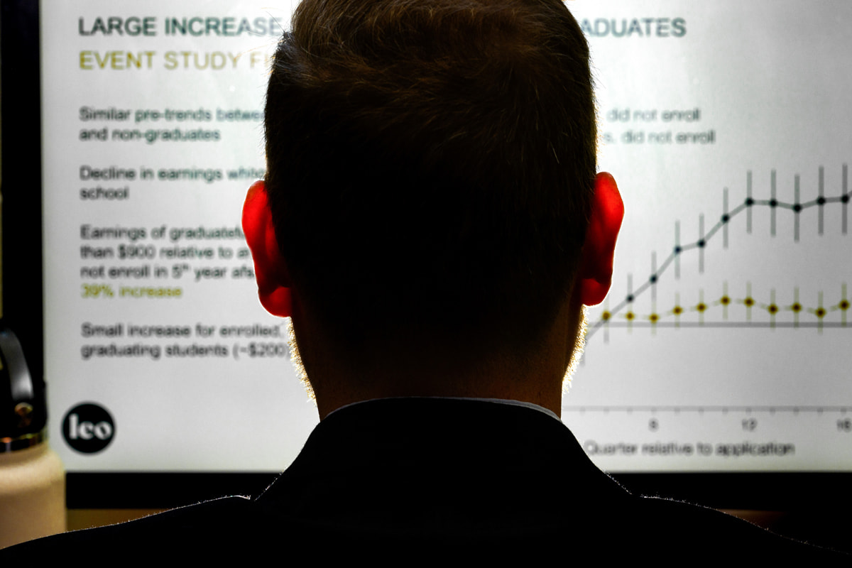 A person views a projected chart showing a large increase in earnings for graduates.