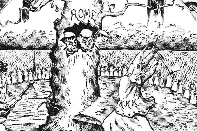 A black and white sketch shows three men's faces carved into a tree labeled ‘Rome’ as a figure in a pointed hat swings an axe.