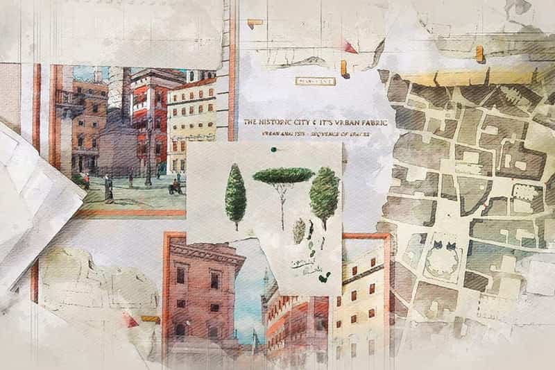 A collage of architectural sketches, watercolor paintings of historic buildings, and urban planning maps. 