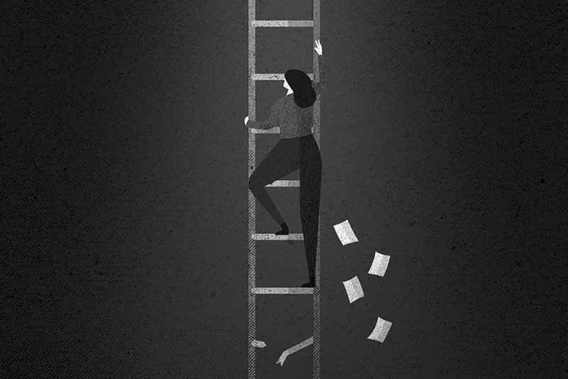 An illustration of a woman climbing a tall ladder while the bottom rungs break away and papers fall to the ground. 