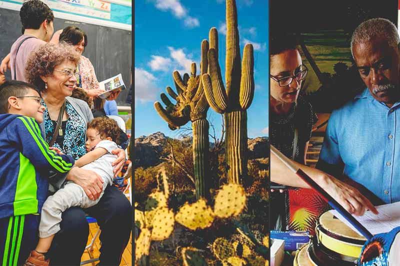 A collage of three images: people smiling together, a desert landscape with large cacti, and two men looking at a document. 