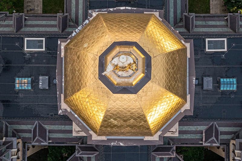 An aerial view, looking straight down onto the Golden Dome.