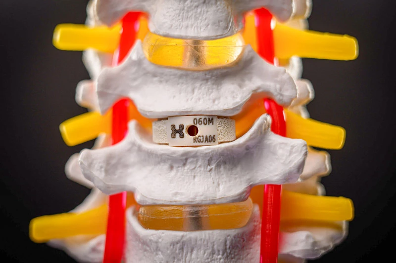 Anatomical model of a spinal section with an artificial disc implant. Yellow and red cushioning discs are visible between the white vertebrae.