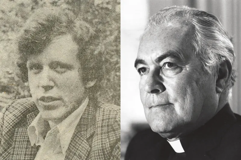 Side-by-side black and white portraits. On the left, a man with wavy hair and a patterned blazer is shown in a grainy halftone style. On the right, Father Theodore Hesburgh, C.S.C., in a clerical collar, looks thoughtfully to the left.