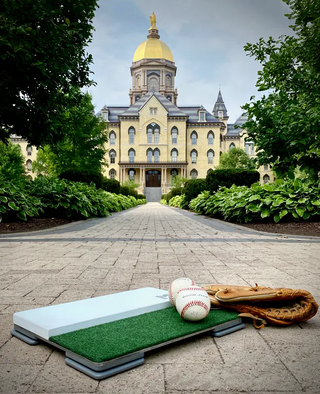 A picture of McManus' triacxial force plate on the gorund in front of the Golden Dome. 
