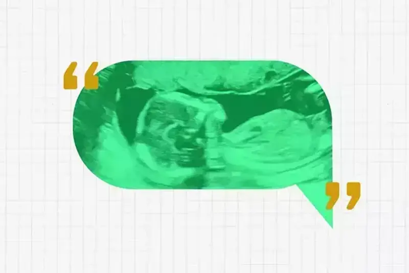 Green ultrasound image of a baby inside a speech bubble with quotes around the bubble.