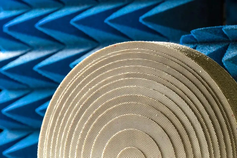 A close-up of a perforated, circular beige object in front of a blue, pyramid-shaped foam wall.