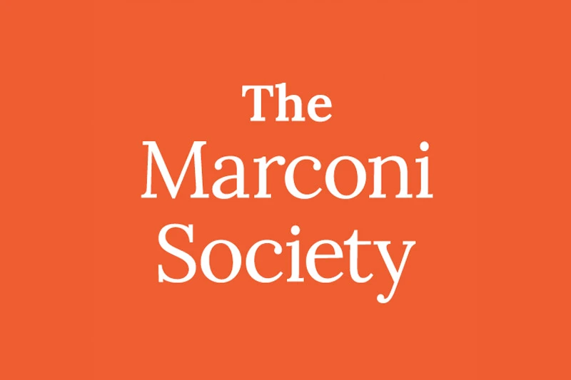 White text reads &ldquo;The Marconi Society&rdquo; centered on a solid orange background.